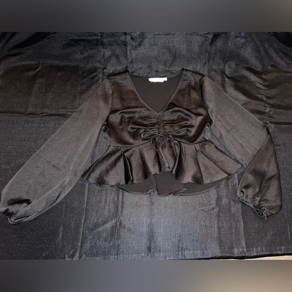 Tops - All in Favor Tie Front Satin Peplum Top in Black